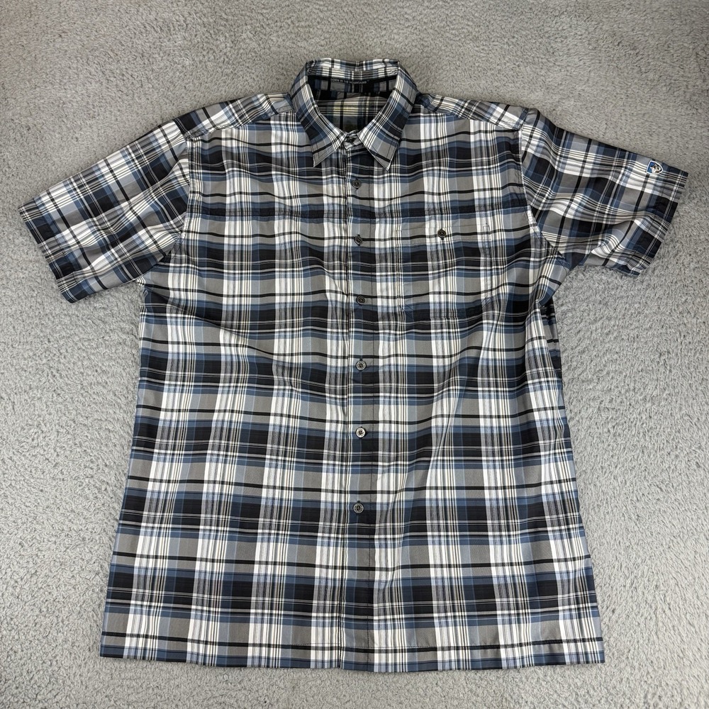 KUHL Men's Large Blue Plaid Short Sleeve Button Up Shirt Outdoor Pockets